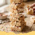 rice krispie treats recipe - Close-up of perfectly cut, gooey rice krispie treats stacked on a white plate.