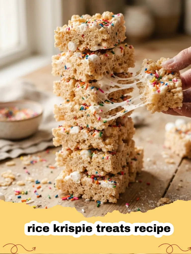 rice krispie treats recipe - Close-up of perfectly cut, gooey rice krispie treats stacked on a white plate.