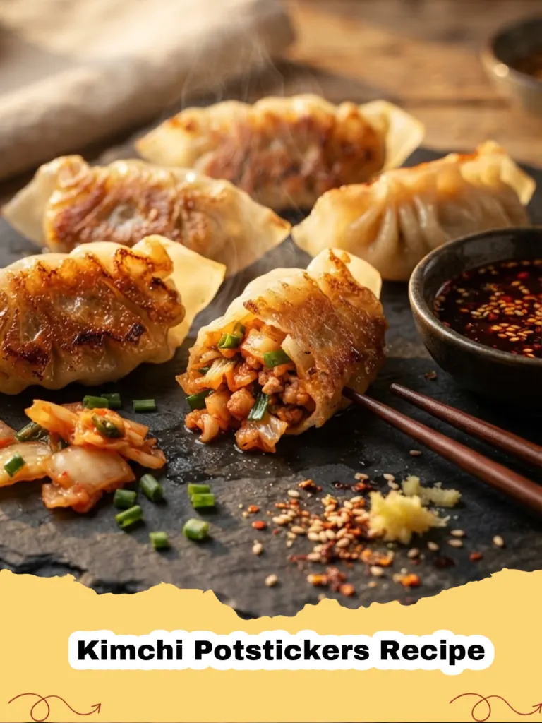 Kimchi Potstickers Recipe - A plate of golden-brown Kimchi Potstickers with a side of dipping sauce and fresh green onions.
