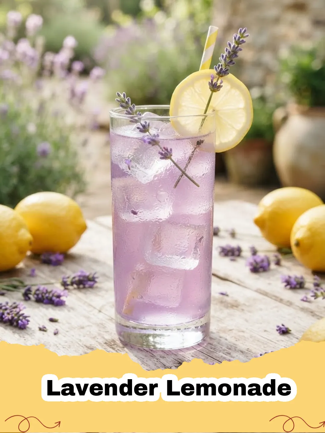 A pitcher of homemade Lavender Lemonade with lemon slices and lavender sprigs
