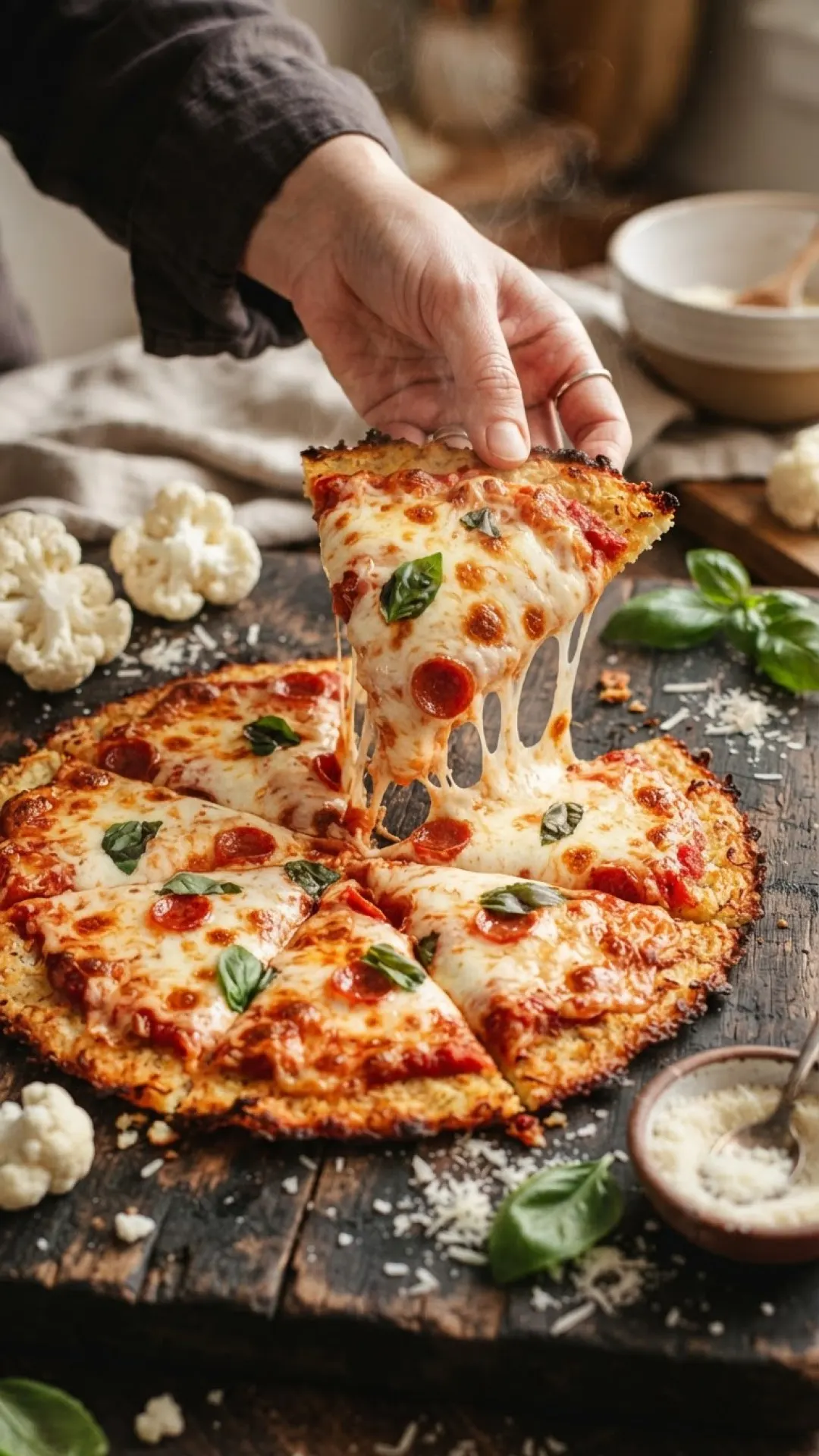 Riced Cauliflower Crust Pizza Preparation