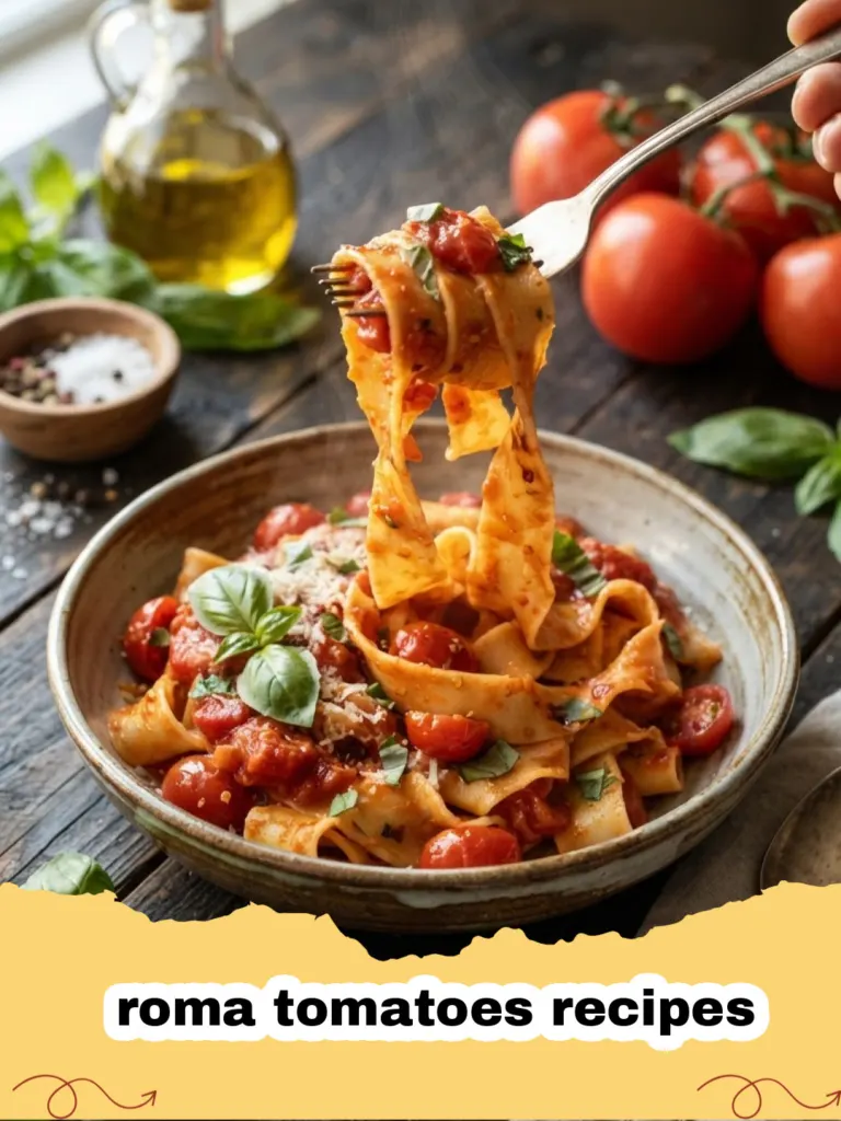 roma tomatoes recipes - Close-up of a bowl of vibrant homemade roasted roma tomato sauce with fresh basil leaves
