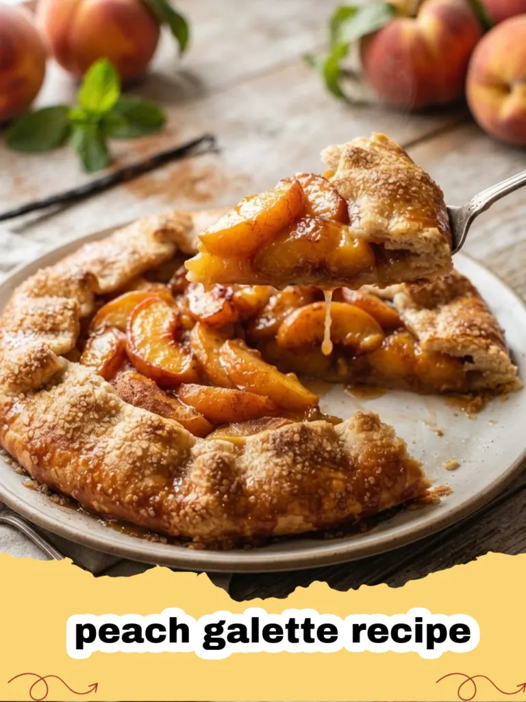peach galette recipe - A rustic peach galette on parchment paper with golden crust and juicy fruit