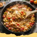 A close-up of a bubbling Savory Rotisserie Chicken Rice Skillet in a cast-iron pan, garnished with fresh parsley.