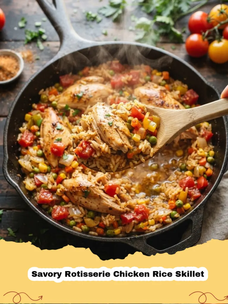 A close-up of a bubbling Savory Rotisserie Chicken Rice Skillet in a cast-iron pan, garnished with fresh parsley.