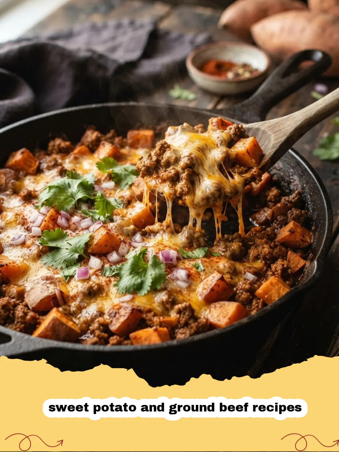 sweet potato and ground beef recipes - Savory Sweet Potato and Ground Beef Skillet in a cast iron pan with fresh herbs