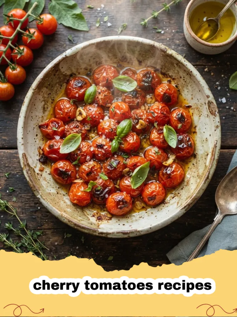 cherry tomatoes recipes - Sheet pan roasted chicken with bursting cherry tomatoes and fresh herbs, ready to serve.