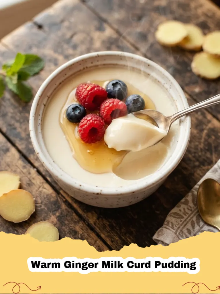Two bowls of Warm Ginger Milk Curd Pudding, garnished with a sprig of mint, showing its silky texture.