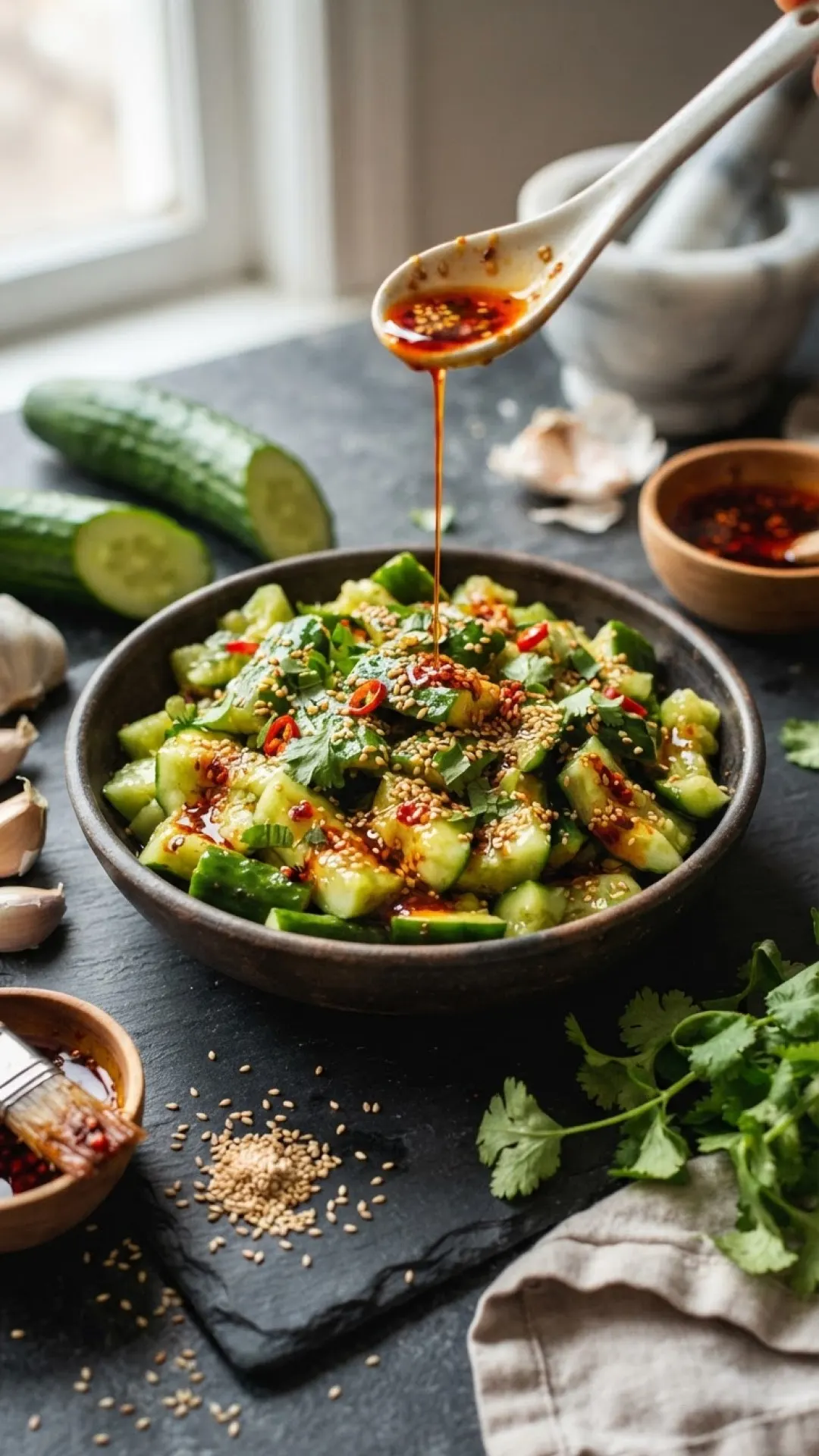 Smashed Cucumber & Garlic Sesame Salad Preparation