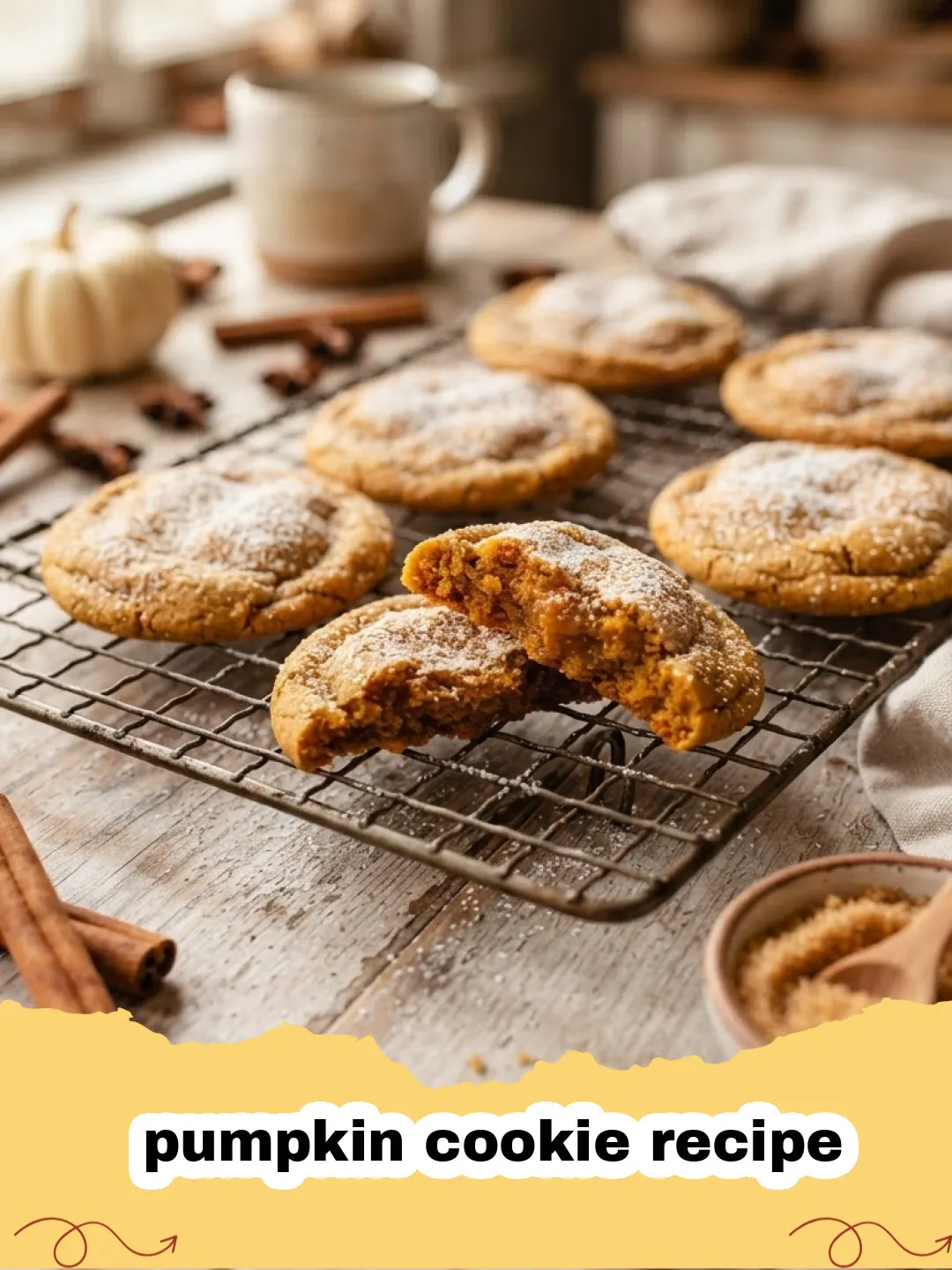 pumpkin cookie recipe - Pile of soft and chewy pumpkin cookies with brown butter glaze on a cooling rack, with fall leaves in the background.