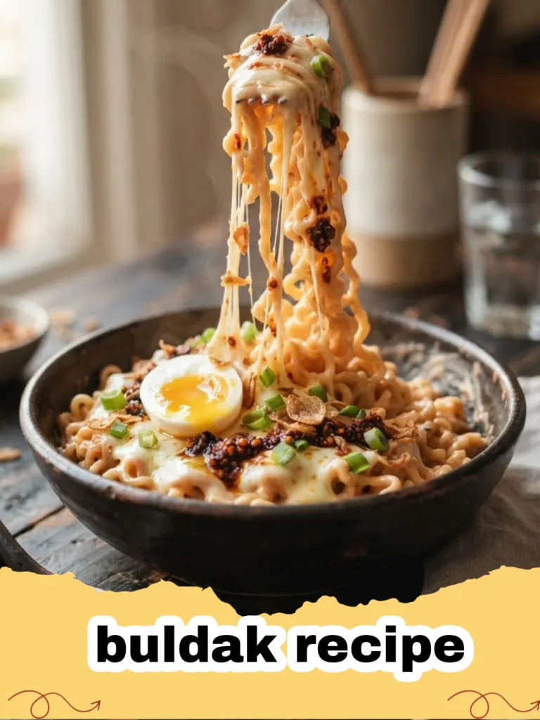 buldak recipe - Close-up of a sizzling pan of spicy cheesy buldak chicken, topped with melted mozzarella, green onions, and sesame seeds.