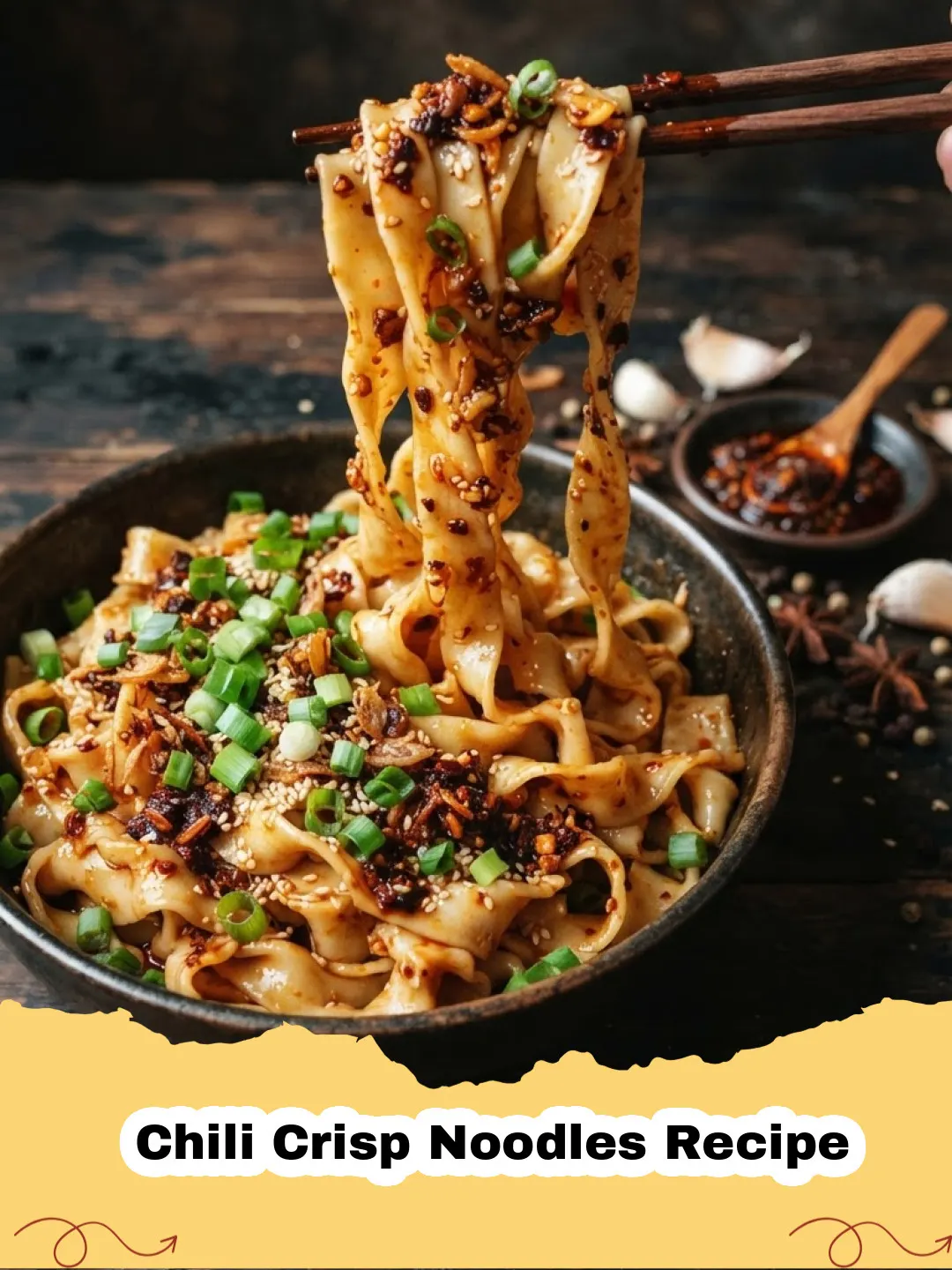 Chili Crisp Noodles Recipe - Close-up of spicy chili crisp noodles garnished with green onions and sesame seeds in a white bowl