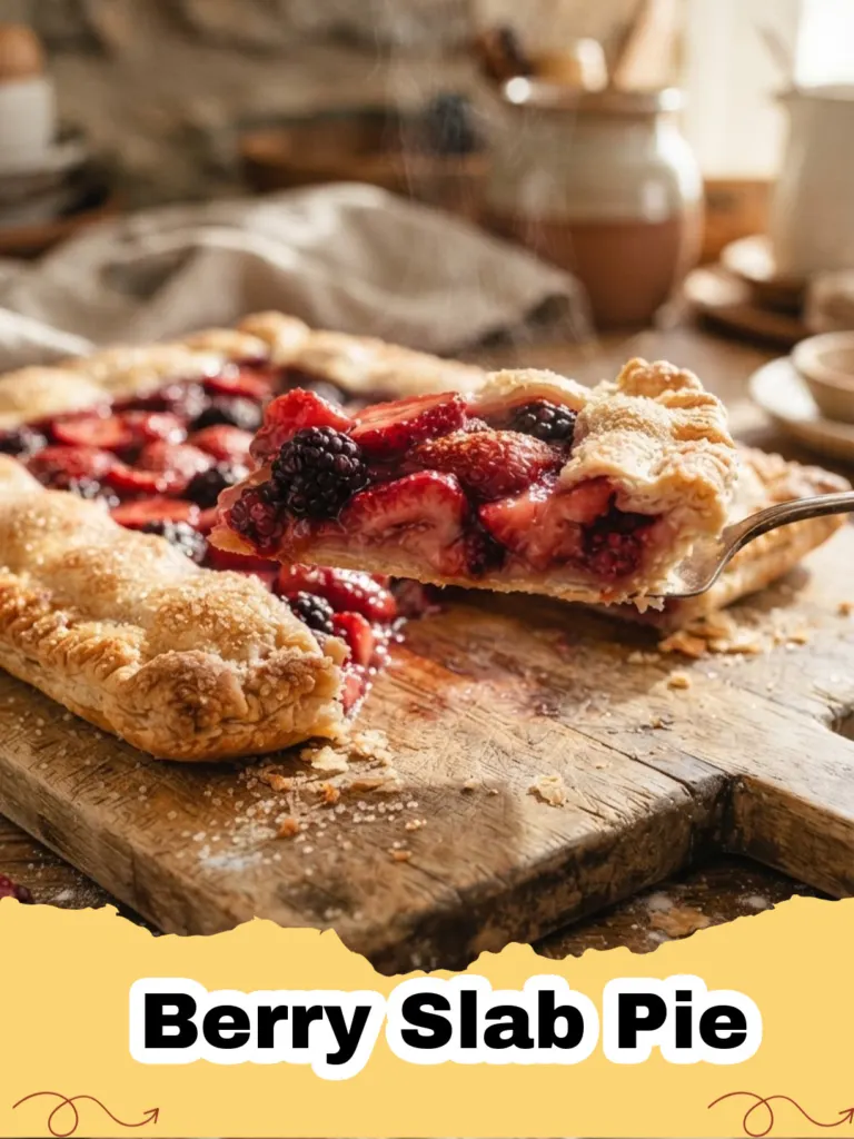 A generous rectangular Berry Slab Pie, bursting with mixed berries and a golden-brown lattice crust, served on a wooden board.