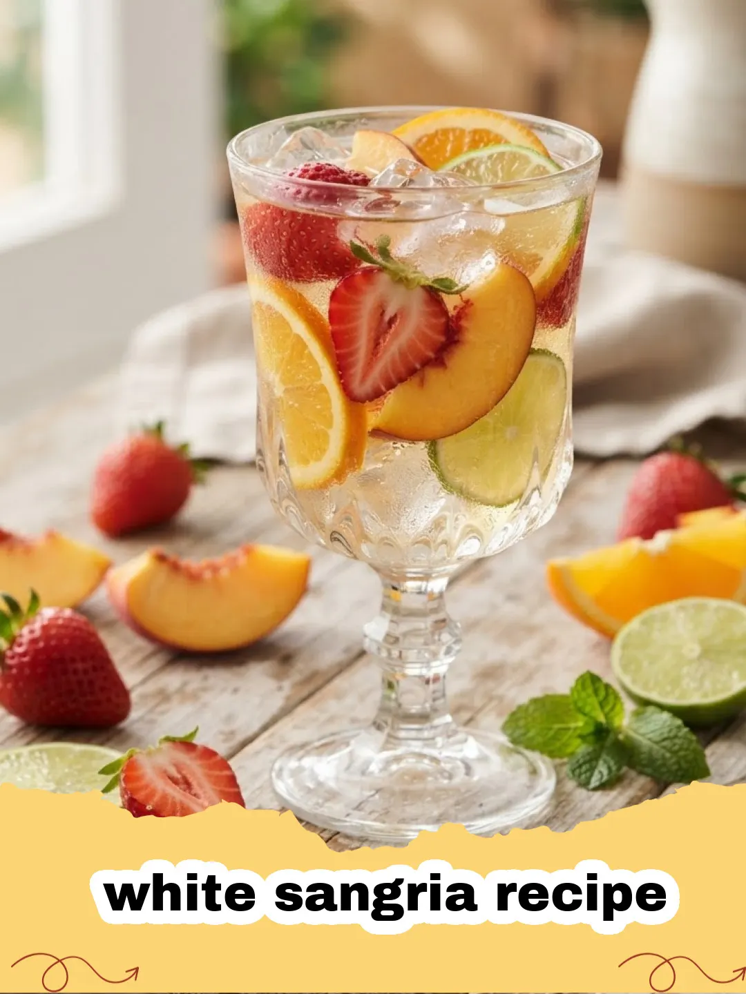white sangria recipe - A glass pitcher of white sangria filled with sliced apples, peaches, and berries on a sunny table.