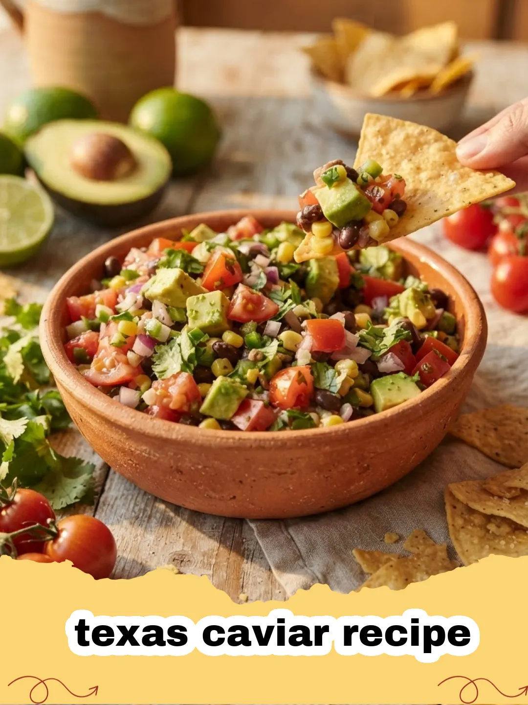 texas caviar recipe - A close-up of a bowl of vibrant Texas Caviar with colorful vegetables and black beans, served with tortilla chips.