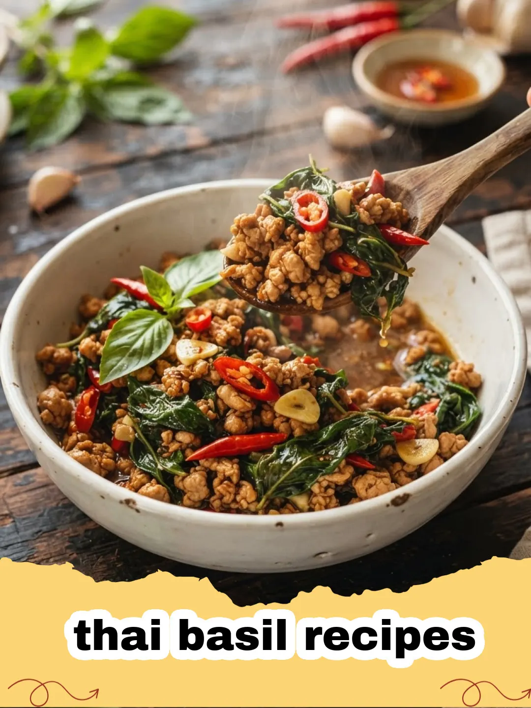 thai basil recipes - A plate of Thai Basil Chicken with a fried egg on top and jasmine rice.