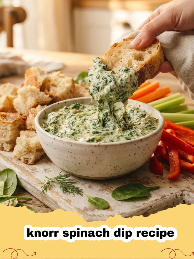 knorr spinach dip recipe - A classic Knorr spinach dip served in a rustic bowl with various dippers like pumpernickel bread, carrots, and celery.