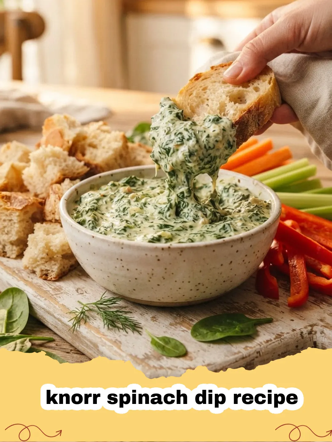 knorr spinach dip recipe - A classic Knorr spinach dip served in a rustic bowl with various dippers like pumpernickel bread, carrots, and celery.
