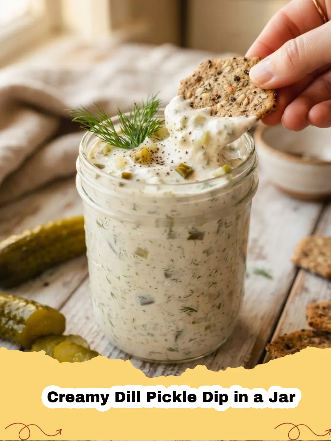 Close-up of Creamy Dill Pickle Dip in a Jar, garnished with fresh dill and chopped pickles, surrounded by potato chips and carrot sticks.