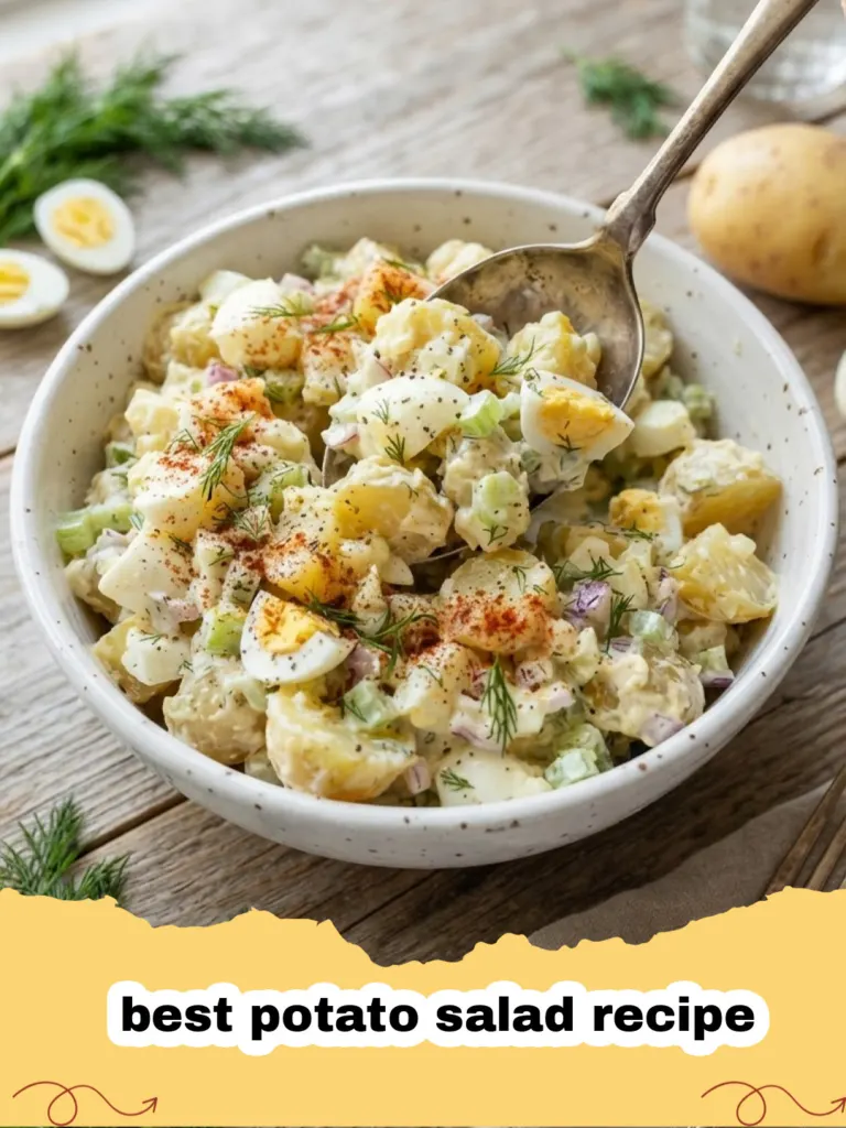 best potato salad recipe - A classic creamy and tangy potato salad in a large serving bowl, garnished with fresh dill.