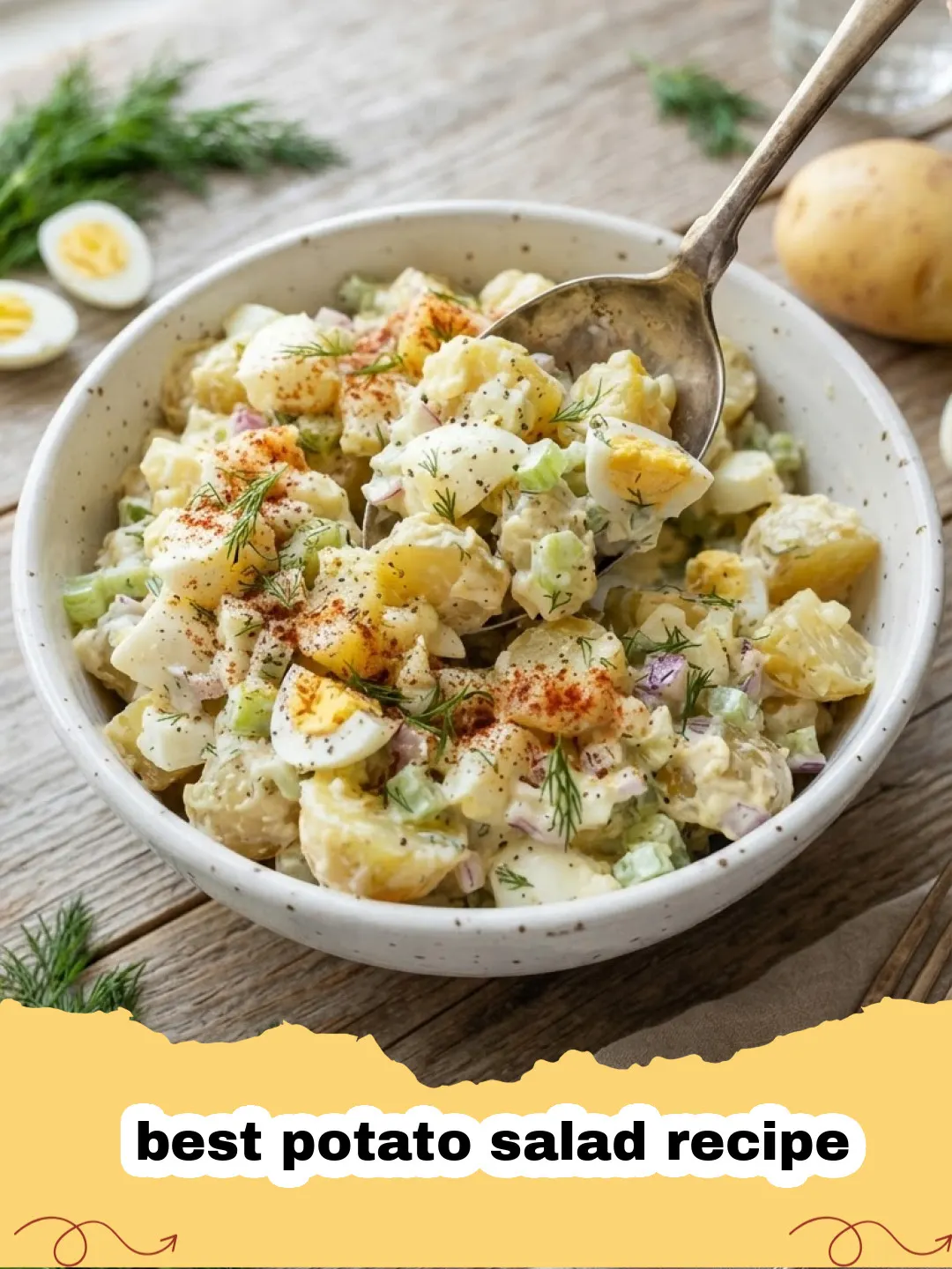 best potato salad recipe - A classic creamy and tangy potato salad in a large serving bowl, garnished with fresh dill.