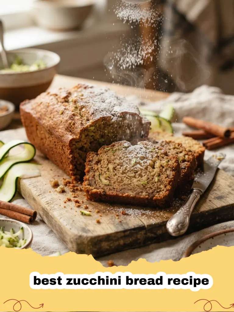 best zucchini bread recipe - A slice of moist zucchini bread with a golden crust and specks of green zucchini.