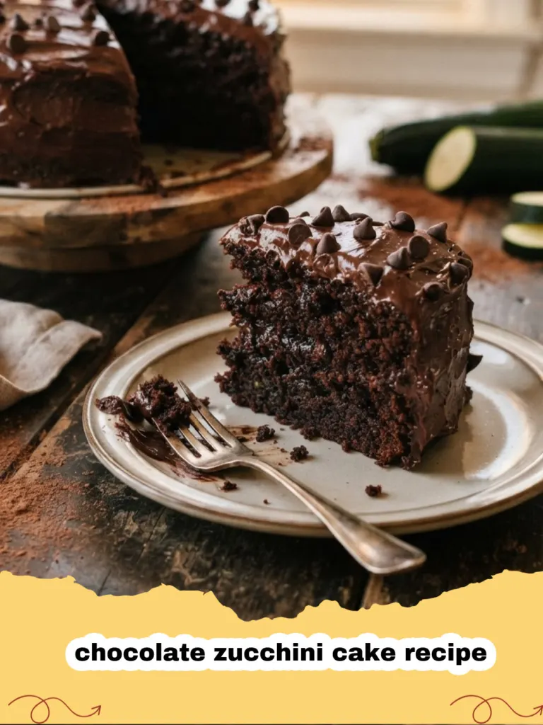 chocolate zucchini cake recipe - A moist slice of rich chocolate zucchini cake dusted with powdered sugar.
