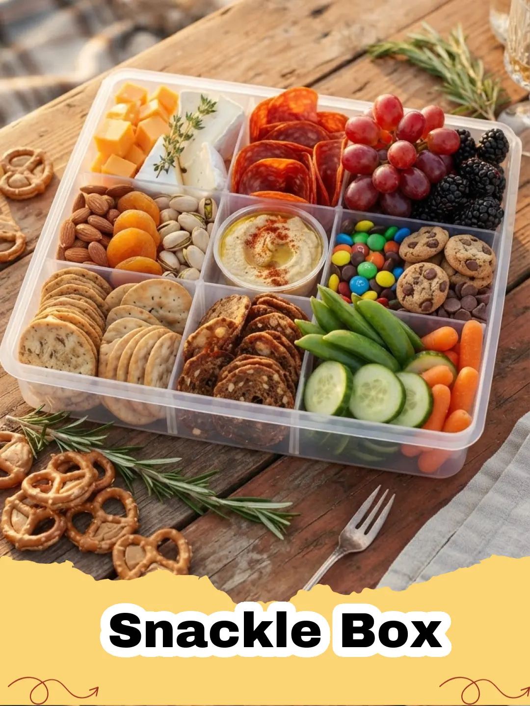 A vibrant and diverse Snackle Box filled with cheese cubes, grapes, crackers, nuts, vegetables, and dip.