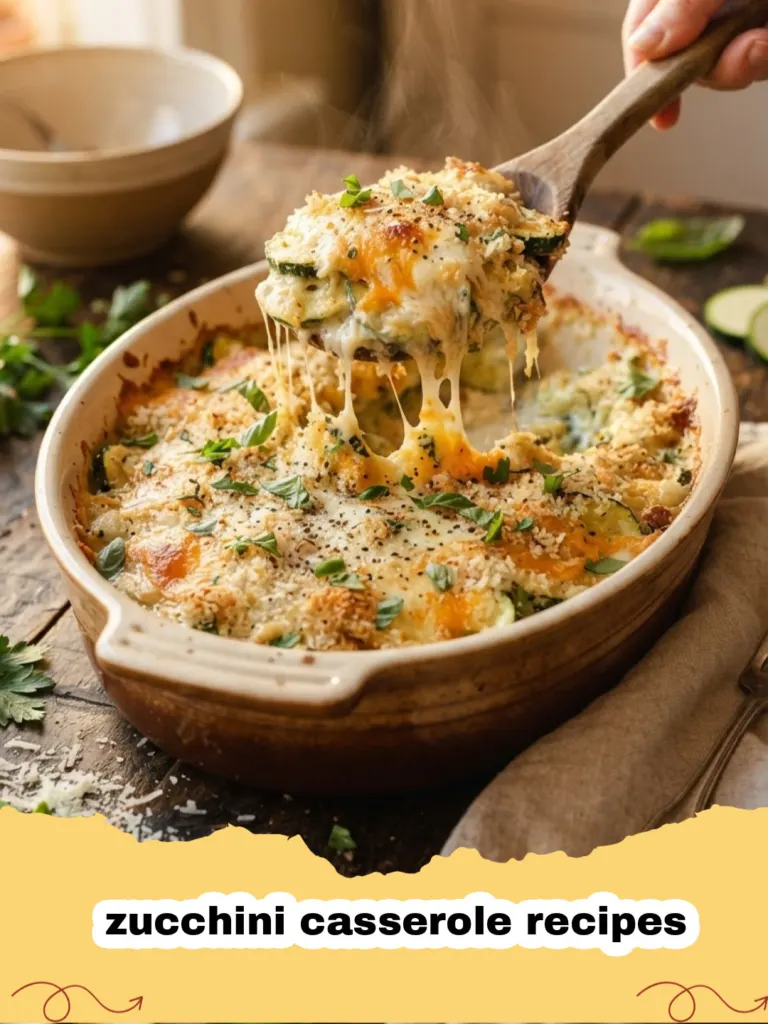 zucchini casserole recipes - A golden brown cheesy zucchini casserole in a glass baking dish with melted cheese and breadcrumbs.