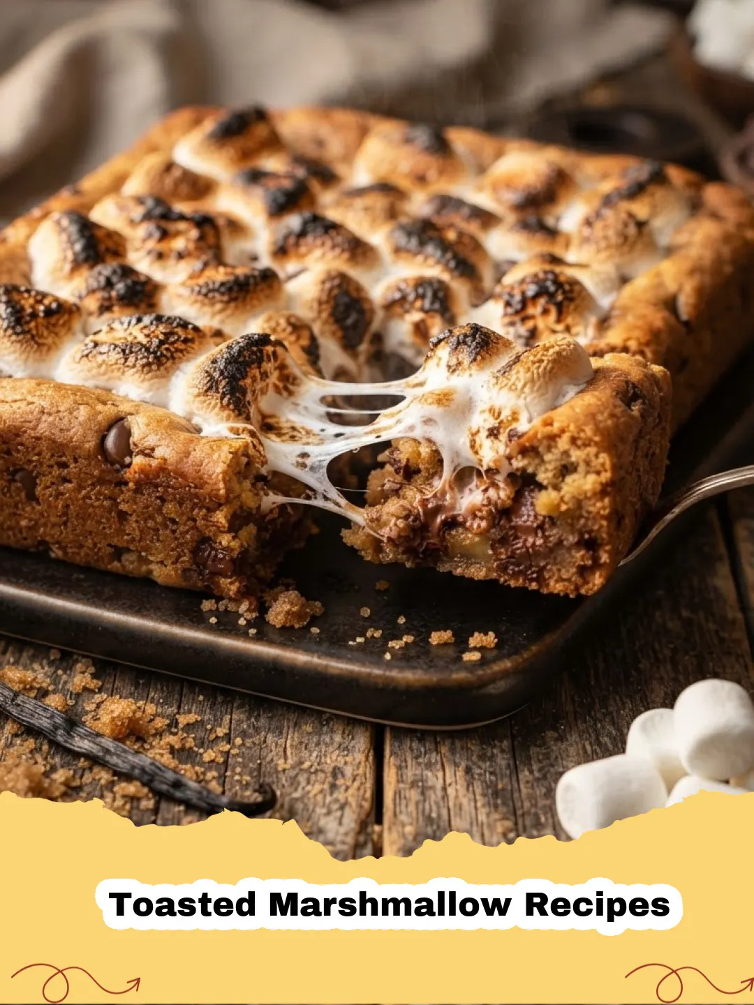 Toasted Marshmallow Recipes - A cast iron skillet filled with melted chocolate and perfectly golden brown toasted marshmallows, ready to be dipped with graham crackers.