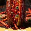 A vibrant red Chamoy Pickle coated in Tajín, with a hint of candies inside, on a rustic wooden board.