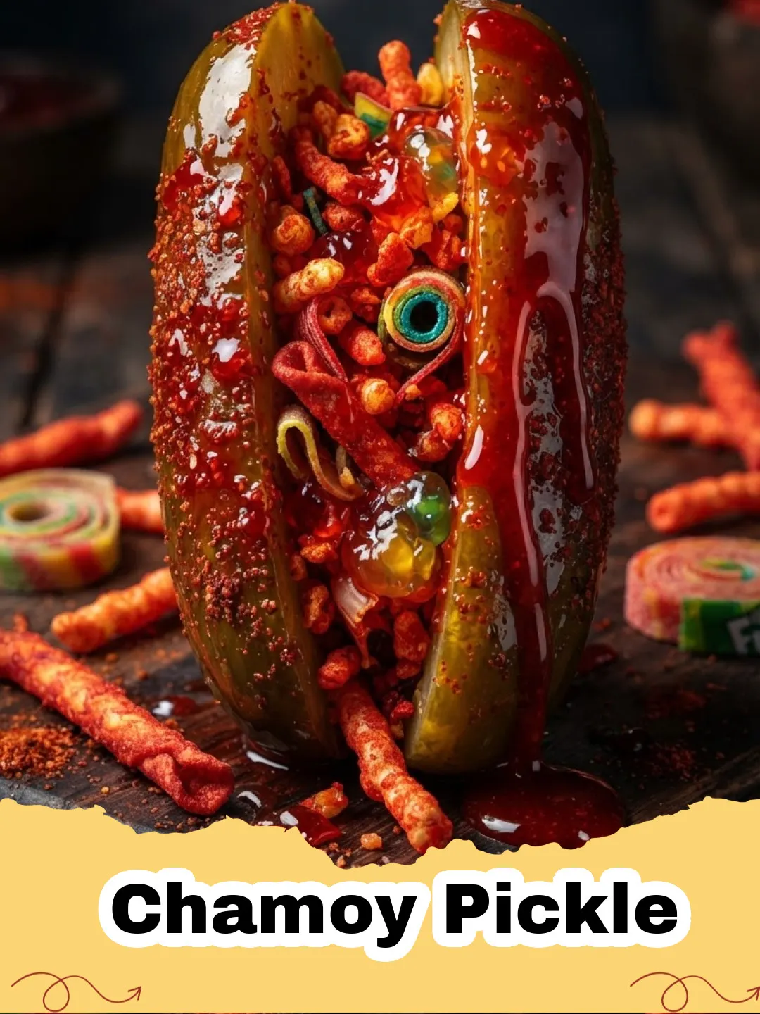 A vibrant red Chamoy Pickle coated in Tajín, with a hint of candies inside, on a rustic wooden board.