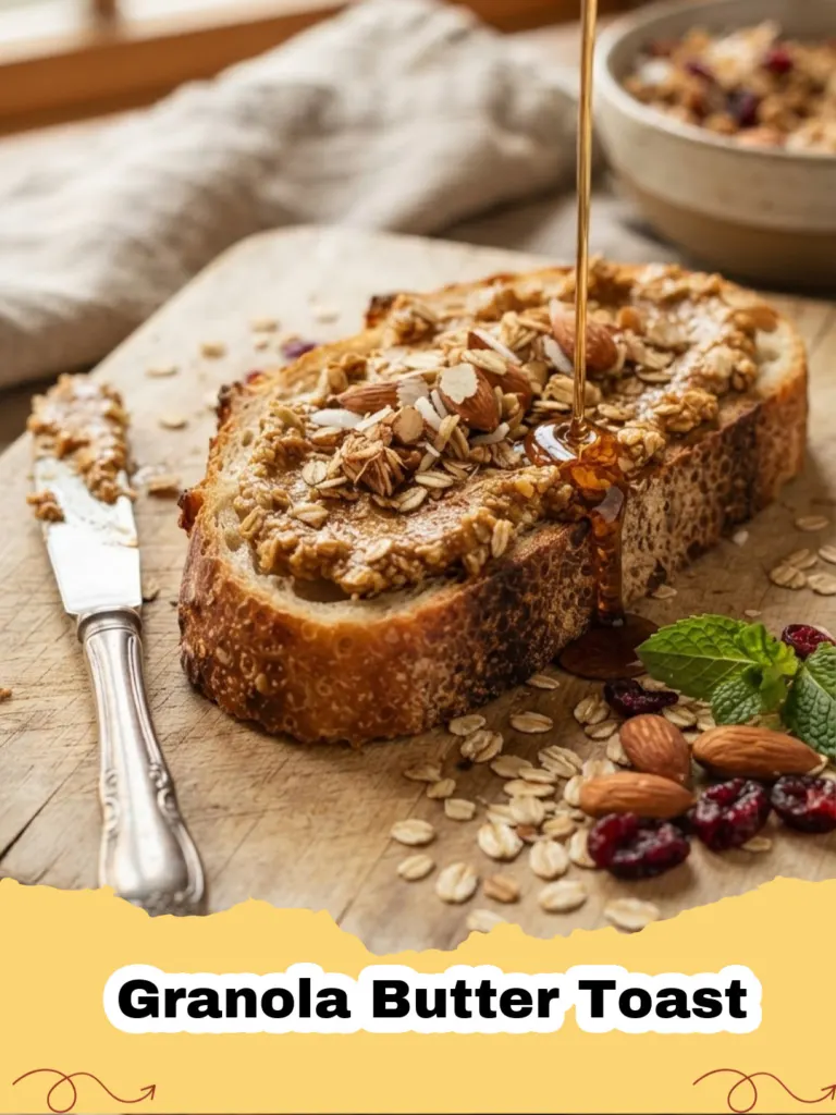Delicious Granola Butter Toast topped with sliced bananas and a sprinkle of chia seeds on a wooden board.