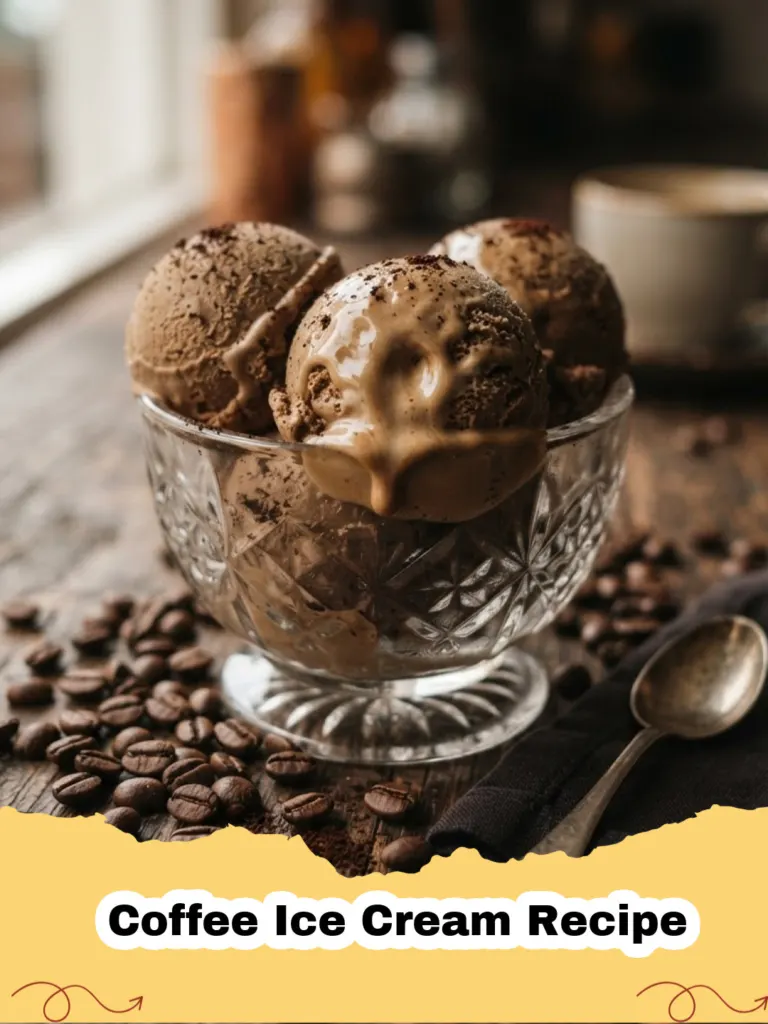 Coffee Ice Cream Recipe - A scoop of creamy homemade coffee ice cream in a small bowl, garnished with a few whole coffee beans.
