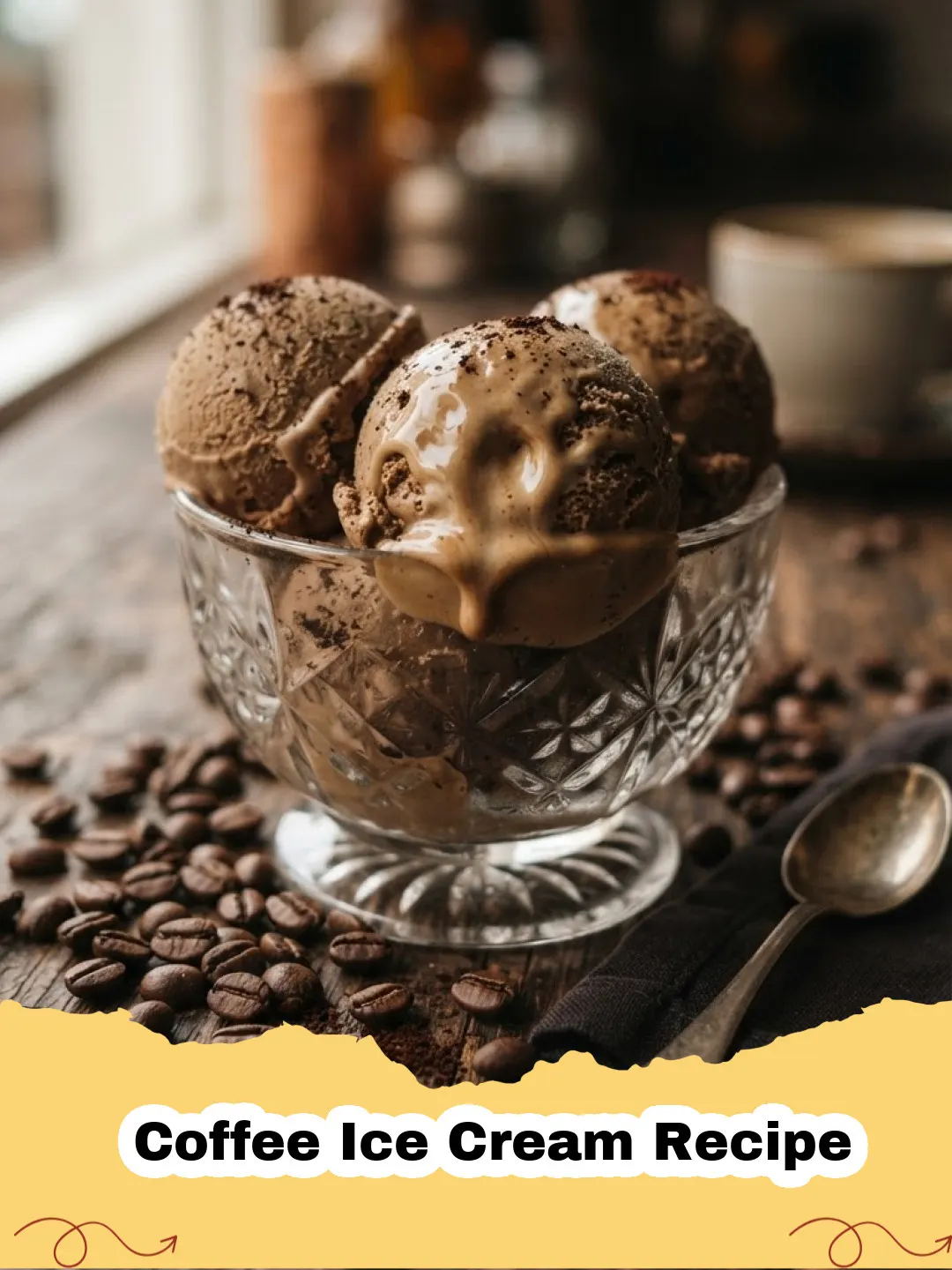Coffee Ice Cream Recipe - A scoop of creamy homemade coffee ice cream in a small bowl, garnished with a few whole coffee beans.