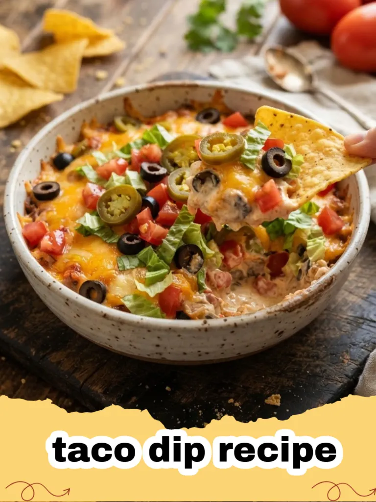 taco dip recipe - A beautifully layered 7-layer taco dip in a clear glass dish, topped with fresh vegetables and served with tortilla chips.
