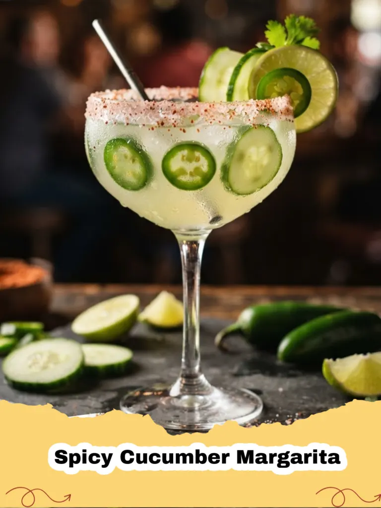 A vibrant Spicy Cucumber Margarita in a salt-rimmed glass, garnished with cucumber slices and jalapeño, on a rustic background.
