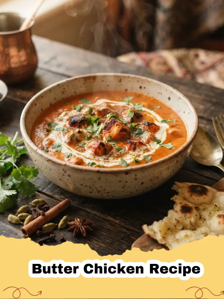 Butter Chicken Recipe - Close-up of creamy Butter Chicken with rice and naan on a plate