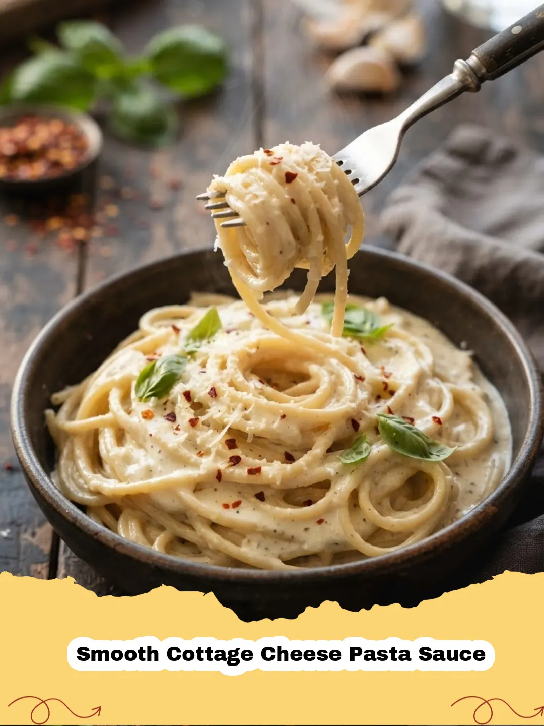 Creamy Smooth Cottage Cheese Pasta Sauce tossed with fusilli pasta, garnished with fresh basil and Parmesan cheese.