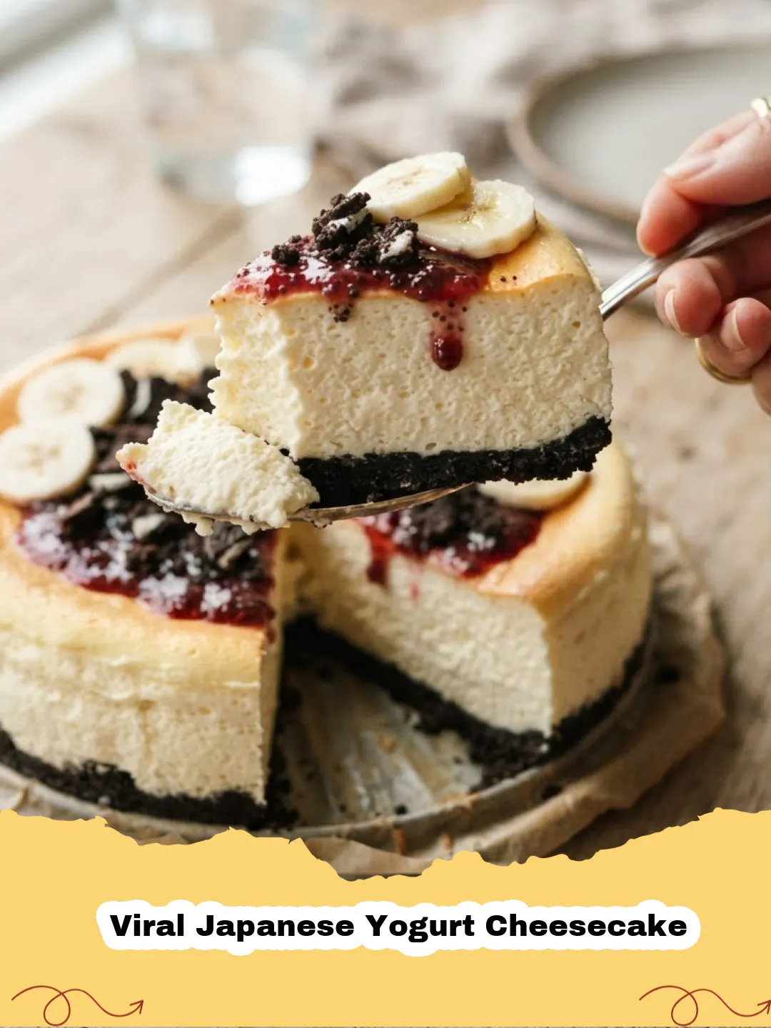 A perfectly baked, golden-brown Viral Japanese Yogurt Cheesecake with a cloud-like texture, garnished with fresh berries and a dusting of powdered sugar.