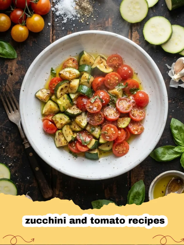 zucchini and tomato recipes - A colorful dish of layered roasted zucchini and tomato slices topped with melted cheese and fresh basil.