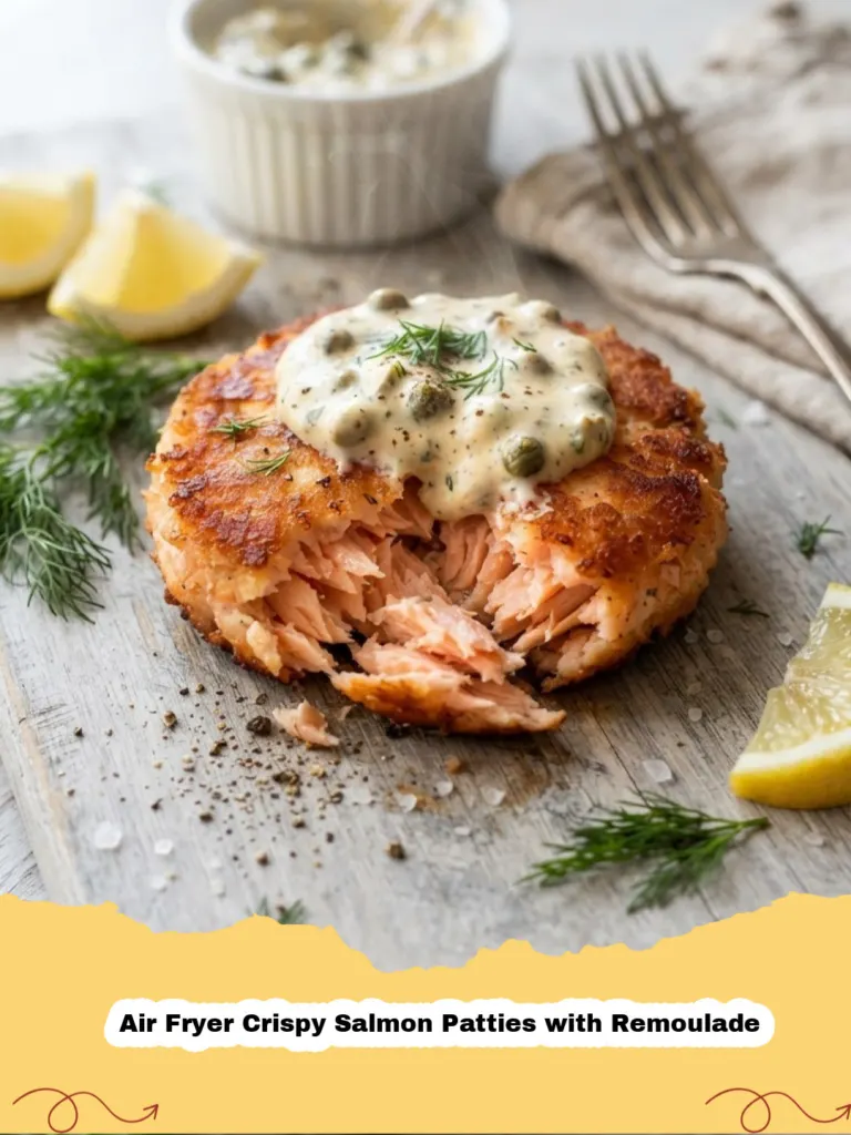 Air Fryer Crispy Salmon Patties with Remoulade - Close-up of golden brown Air Fryer Crispy Salmon Patties stacked on a plate with a side of creamy remoulade sauce and fresh lemon wedges.