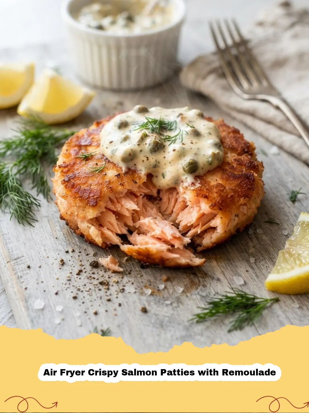 Air Fryer Crispy Salmon Patties with Remoulade - Close-up of golden brown Air Fryer Crispy Salmon Patties stacked on a plate with a side of creamy remoulade sauce and fresh lemon wedges.