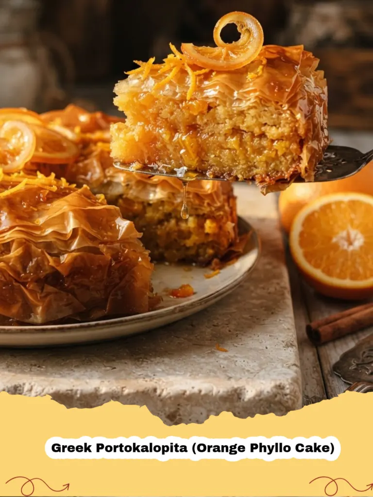 A golden-brown slice of Greek Portokalopita (Orange Phyllo Cake) drizzled with syrup, garnished with fresh orange zest.