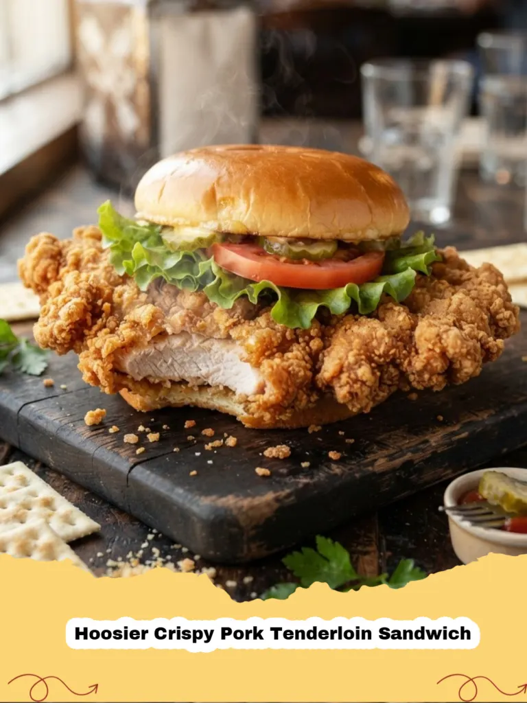 Hoosier Crispy Pork Tenderloin Sandwich - A perfectly golden, crispy Hoosier Pork Tenderloin Sandwich on a toasted bun with pickles and mustard, served on a rustic wooden board.