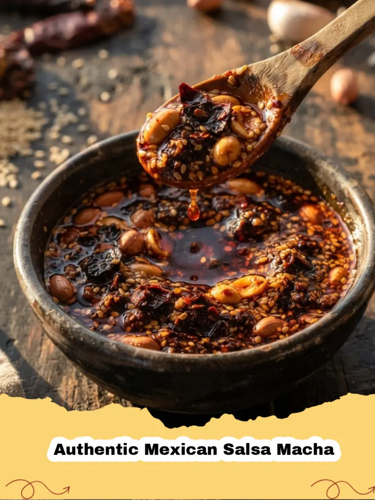 A close-up of vibrant red Authentic Mexican Salsa Macha in a jar, showcasing its rich texture with visible nuts and seeds.