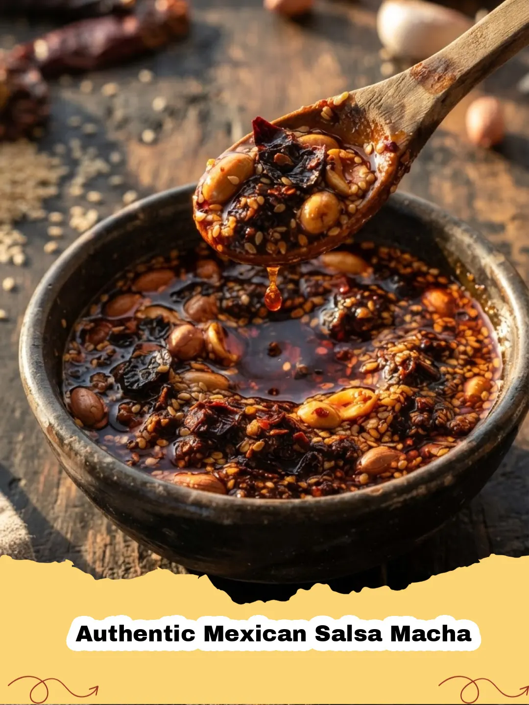 A close-up of vibrant red Authentic Mexican Salsa Macha in a jar, showcasing its rich texture with visible nuts and seeds.
