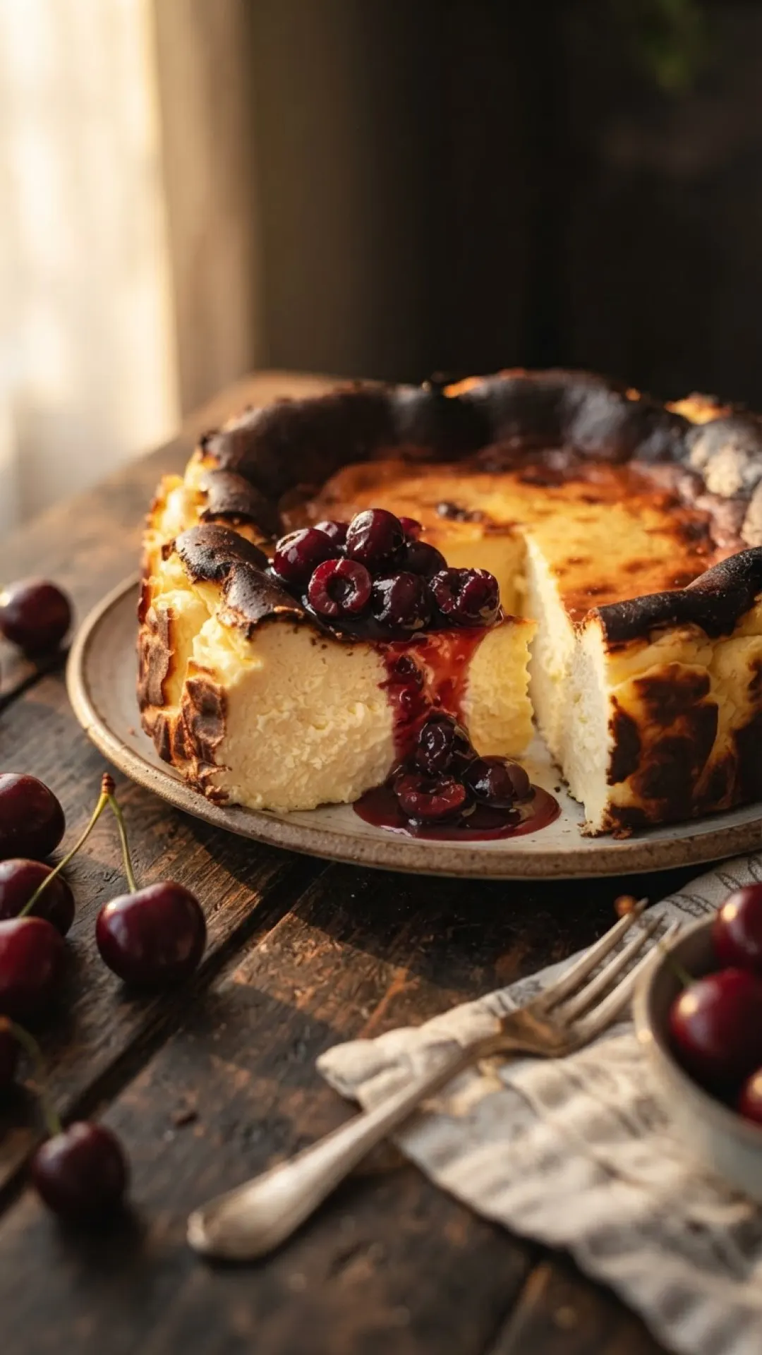 Basque Burnt Cheesecake with Cherry Compote Preparation