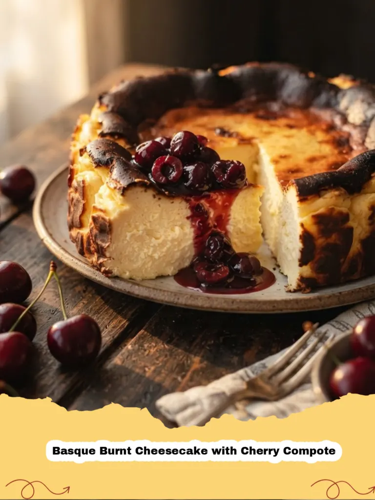 Basque Burnt Cheesecake with Cherry Compote - A slice of Basque Burnt Cheesecake with a generous dollop of glossy cherry compote on top, showing its dark, caramelized exterior and creamy interior.