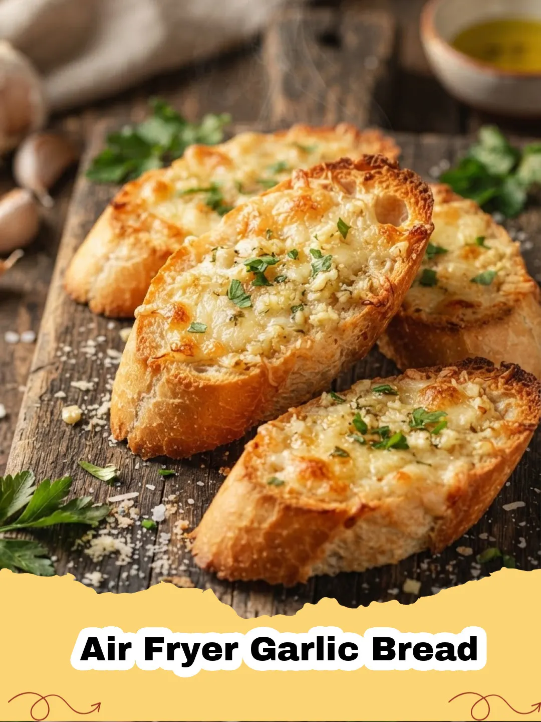Golden brown slices of crispy Air Fryer Garlic Bread, garnished with fresh parsley.